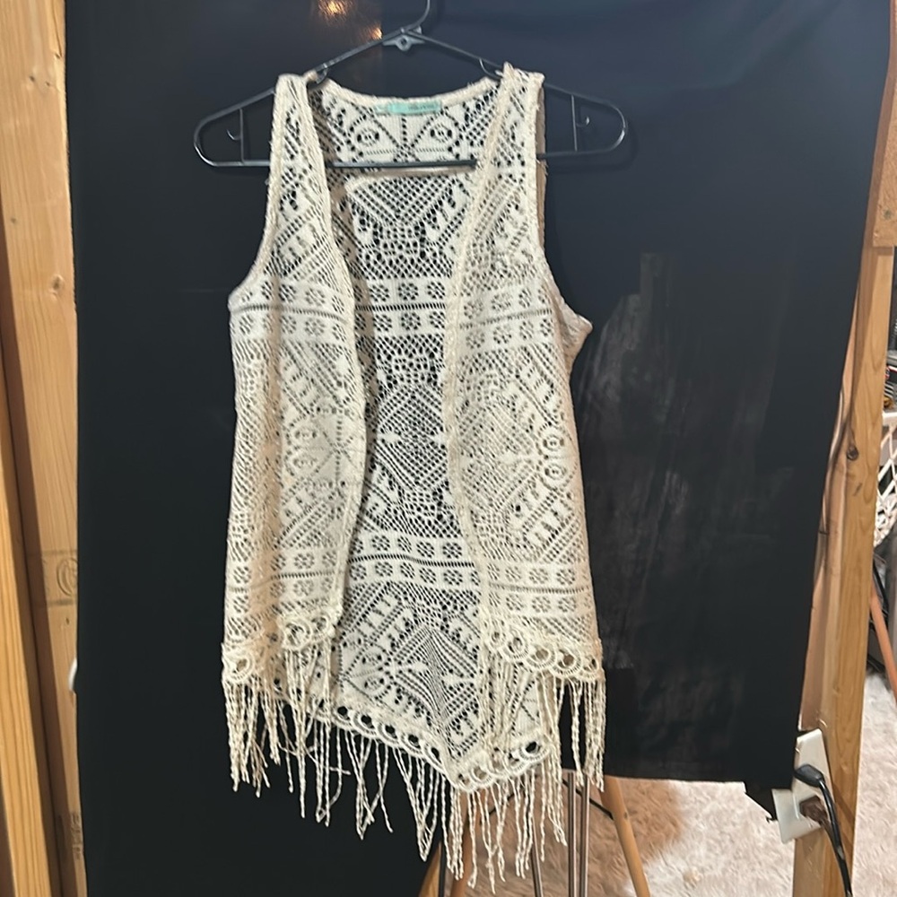 Cream sleeveless sweater/vest tassels